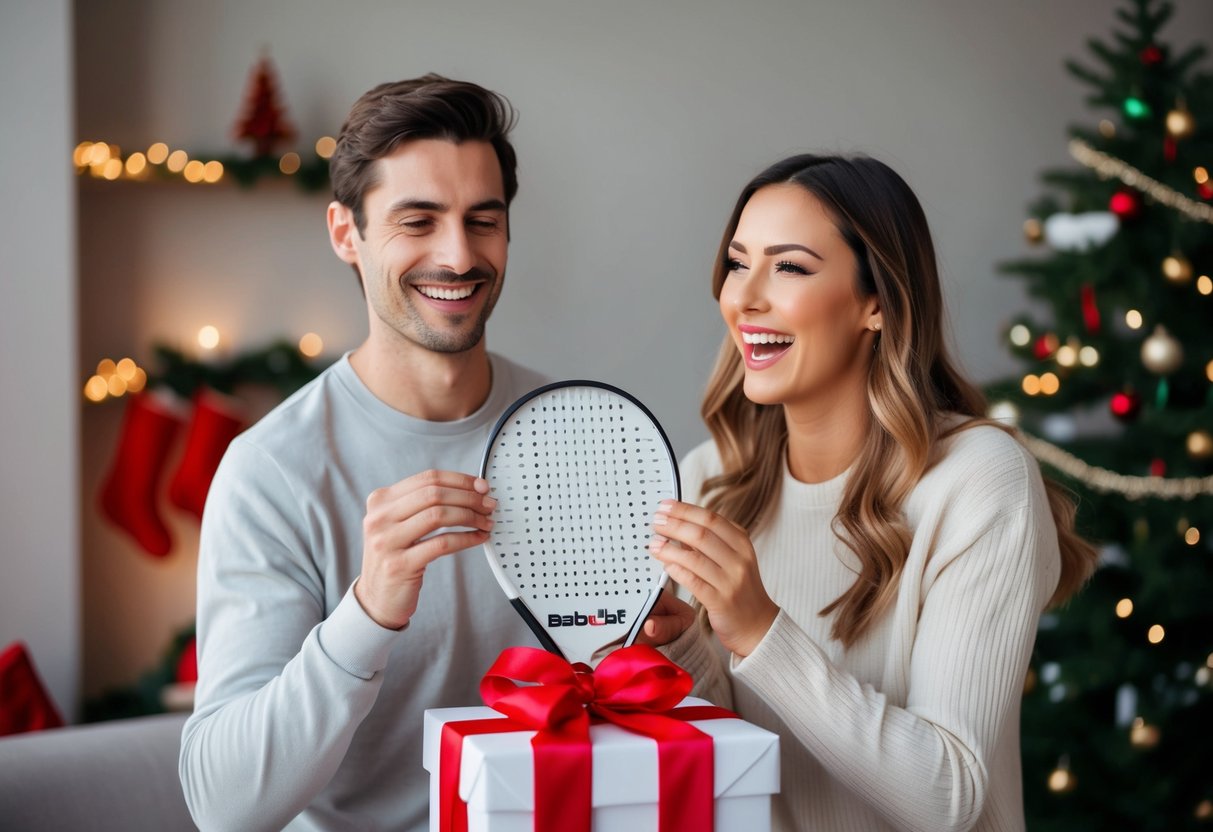 Et par udveksler gaver om morgenen pa juledag da kvinden ivrigt pakker et Babolat Counter Vertuo padelbat ud og overrasker sin partner med et gladt smil